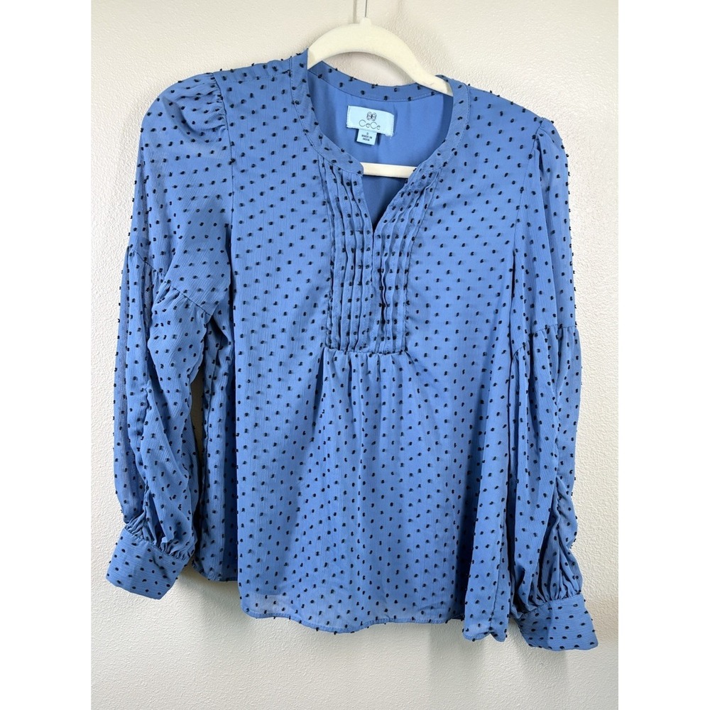 Cece Blue Black  Blouse Top Clip Dot Baubles Sheer Arm Long Sleeve Small